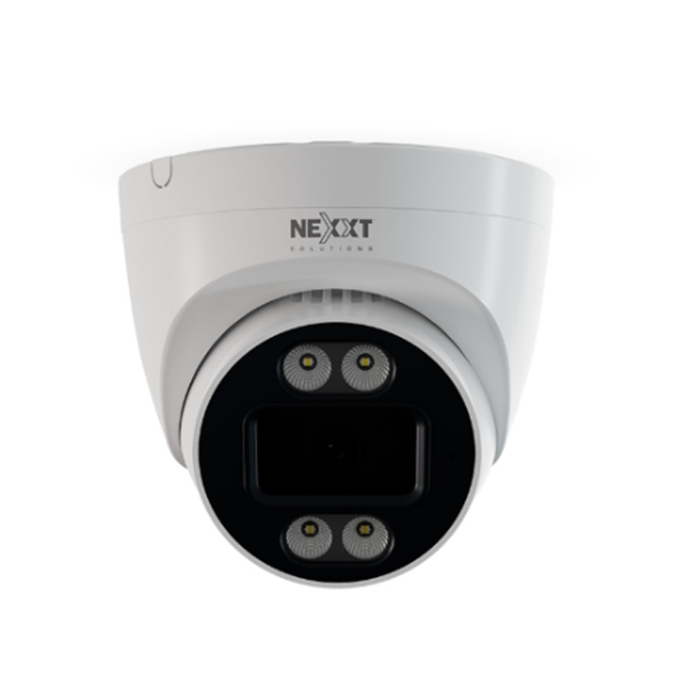 CAMARA NEXXT SOLUTIONS HOME DE TECHO 2K ETHERNET INALAMBRICA BLANCA (NHC-IF20T) White dome security camera with four LED lights around the lens, branded Nexxt Solutions.