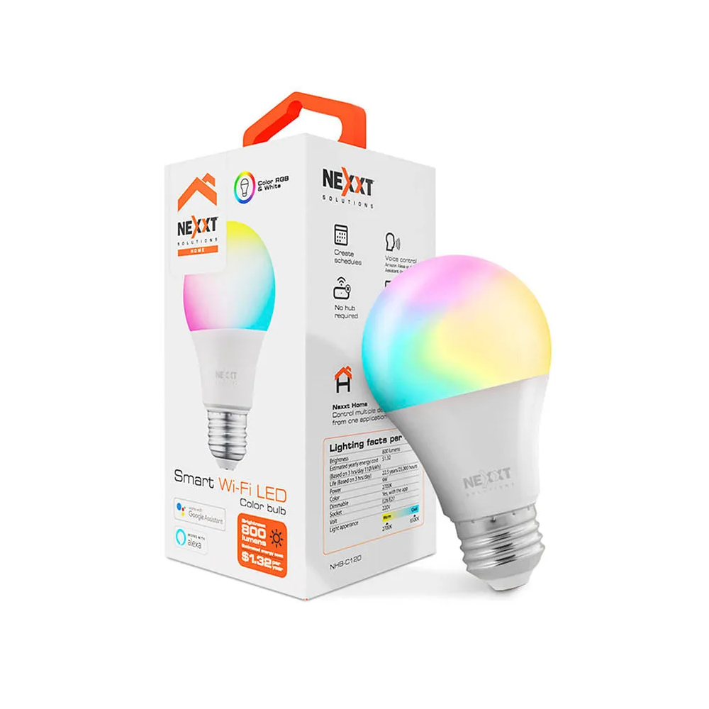 ILUMINACION NEXXT SOLUTIONS HOME RGB 110V INALAMBRICO (NHB-C110M) Smart Wi‑Fi color LED bulb shown beside its white NEXT-branded packaging box with an orange handle.