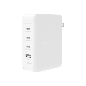 White Belkin wall charger with three USB-C ports and one USB-A port, showing PD labels and 140W total, viewed from side.