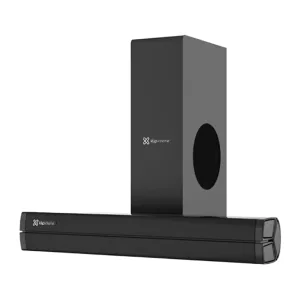 Black soundbar paired with a tall black wireless subwoofer, displaying a modern home theater speaker setup