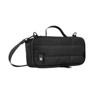 Black compact shoulder bag with a top handle, adjustable strap, and front logo patch.