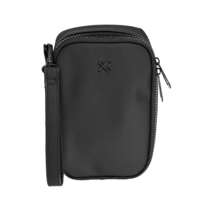 Compact black crossbody bag with a zipper and attached strap on a white background.