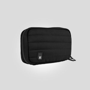 Black padded camera bag with zipper closure and small logo patch on front.