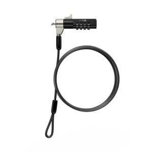 Coiled cable lock with a 4-digit combination dial and a small loop at the end for securing a bike or locker keychain.
