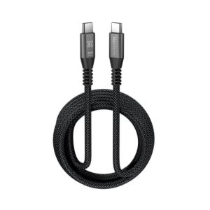 Braided black USB-C to USB-C charging cable looped in a circle with 100W label on connectors