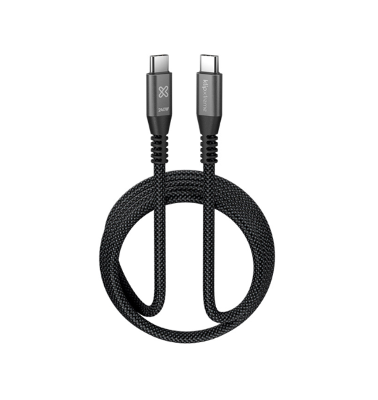 CABLE KLIP XTREME 240W CARGA RAPIDA USB-C USB-C TRENZADO NEGRO (KAC-750-10FT) Braided black USB-C to USB-C charging cable, looped for display.