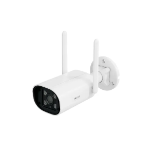White wireless security camera with dual antennas mounted on a wall bracket for outdoor use.