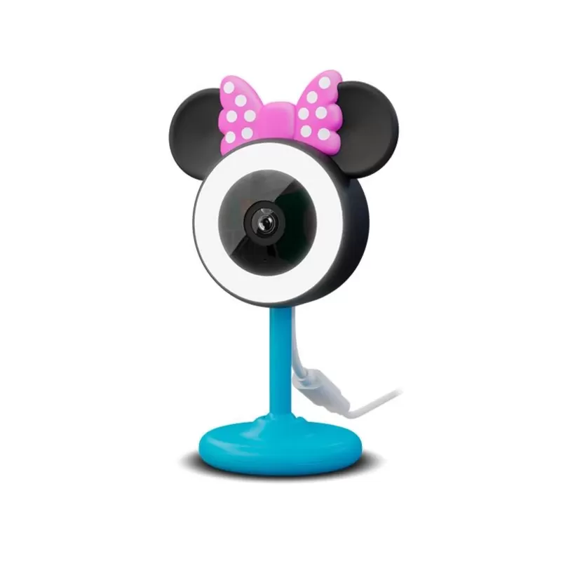 CAMARA NEXXT SOLUTIONS HOME MONITOR DE BEBE MINNIE (NHC-B100 MN) Cartoon webcam with Minnie Mouse ears and pink bow on a blue stand, USB cable visible.