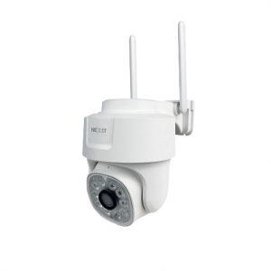 White wireless security camera with dual antennas and dome lens.