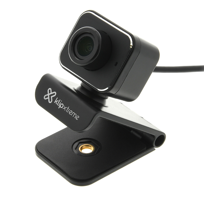 CAMARA WEB KLIP XTREME CON MICROFONO 1080P FULLHD USB NEGRO (KWC-500) Clip-on webcam mounted on a black adjustable stand labeled 'klip xtreme' for a computer or laptop setup