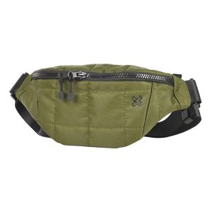 Olive green quilted waist bag with a black zipper and adjustable strap