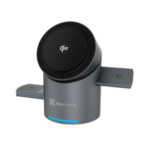Klipxtreme Qi2 wireless charging stand with circular charging pad and blue LED indicator at the base