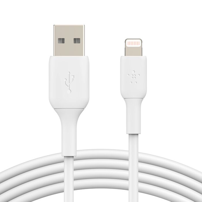 Cable Belkin Carga Rápida 3m Lightning a USB BLANCO (CAA001bt3MWH) White USB-A to Lightning charging cable, with connectors visible and a coiled cord against a white background