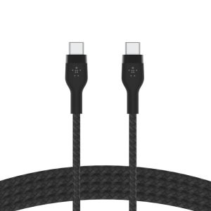 Two black USB-C cables with braided texture, connectors facing upward side by side.