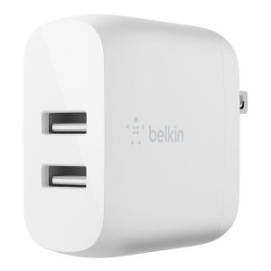 White Belkin 2-port USB wall charger with two USB-A ports for charging devices.