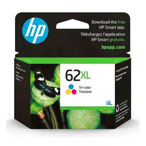 HP 62XL tri-color ink cartridge package with cyan, magenta, yellow dots and HP logo for HP printers