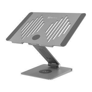 Adjustable metal laptop stand with a ventilated top plate and a circular wireless charging pad on the base for easy charging and cooling.