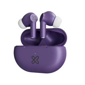 Purple wireless ear buds in an open matching charging case with a small green status light on a white background, product photo
