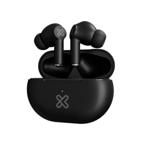 Black wireless earbuds in an open charging case with a small green LED indicator visible to the front.