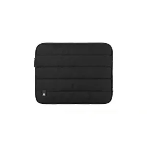 Black padded laptop sleeve with horizontal quilted panels and a top zipper closure.