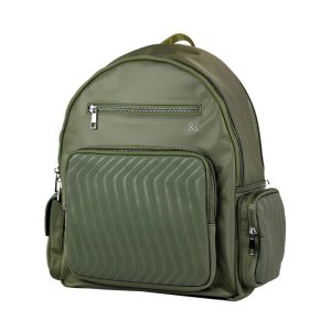 Olive green backpack featuring a large front zip pocket with a chevron-pattern panel, a small top zip pocket, two side pockets, and a top carry handle.