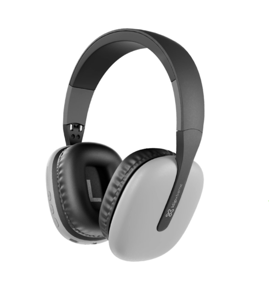 HEADPHONES KLIP XTREME CELULAR TABLETS SMARTPHONES INALAMBRICO GRIS (KWH-010GR) Over-ear wireless headphones in black and light gray, with a padded headband and left-earcup marked 'L'