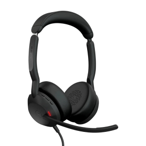 Black over-ear gaming headset with a built-in microphone and red LED indicator on the earcup.