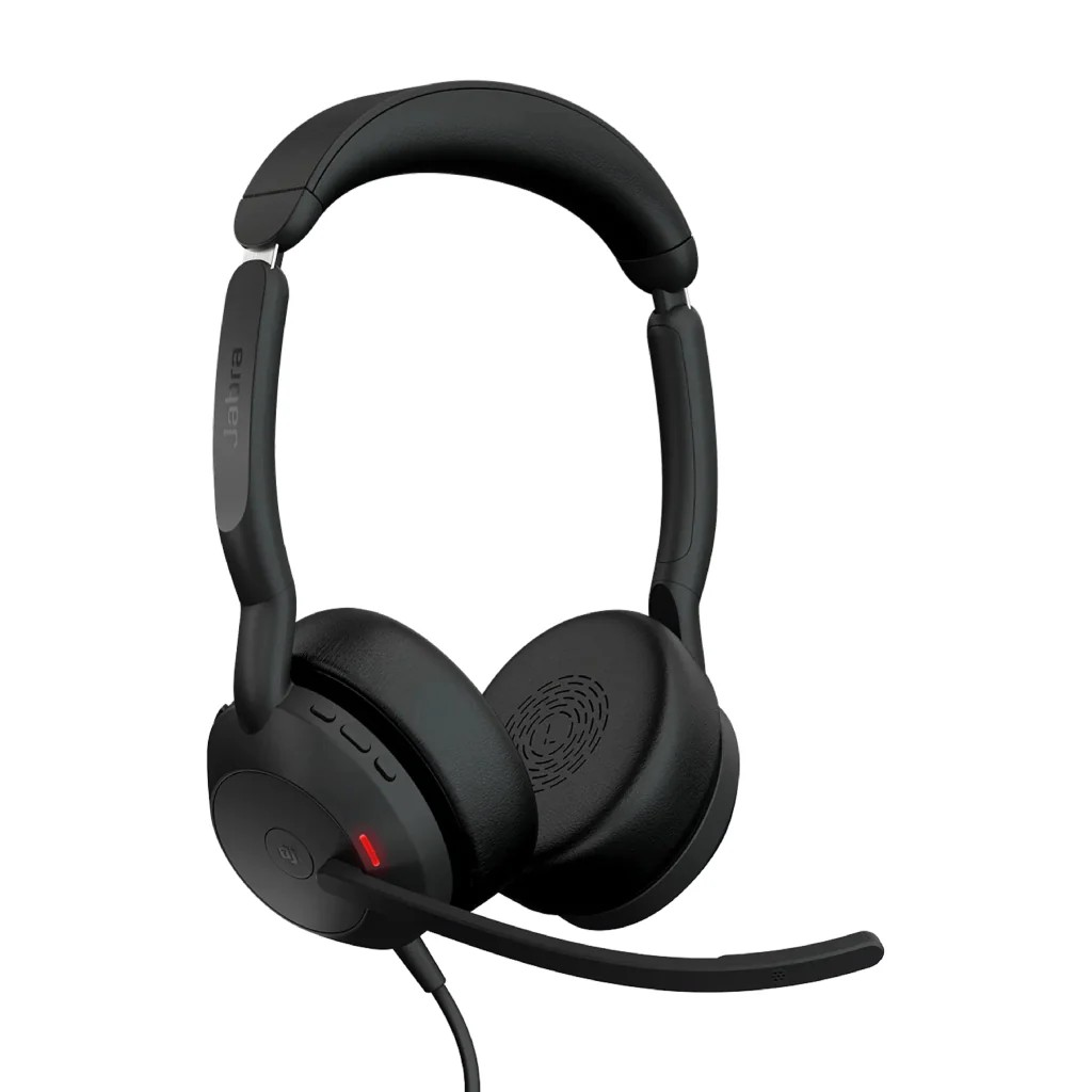 Headset Jabra Evolve2 50 MS (25089-999-799) Black over-ear gaming headset with a built-in microphone and red LED indicator on the earcup.