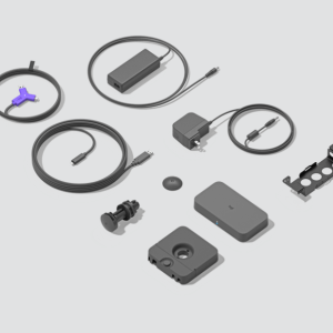 assortment of computer accessories and cables laid out on a light gray background, including USB and power cables, adapters, and a docking hub.