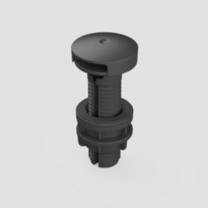 Plastic valve plug assembly: round top cap on a screw-threaded shaft with mounting rings (plumbing component).