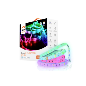 Boxed smart Wi‑Fi LED RGBIC light strip with a multicolored coiled strip in front, glowing in pink, blue, and green hues.