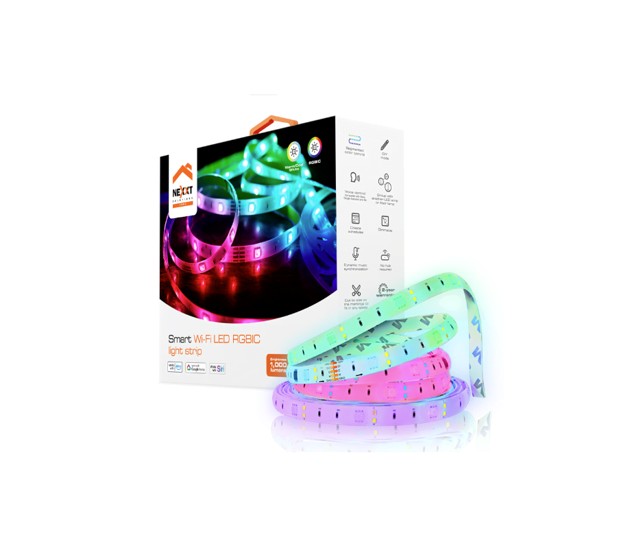 ILUMINACION NEXXT SOLUTIONS HOME NEON LED 5M (NHB-S616) Boxed smart Wi‑Fi LED RGBIC light strip with a multicolored coiled strip in front, glowing in pink, blue, and green hues.