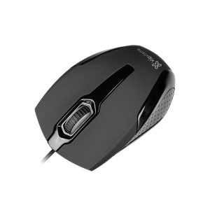 Black wired computer mouse with a tactile scroll wheel and side grip texture on a white background.