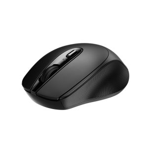 Black wireless computer mouse with a textured side grip and scroll wheel on a white background.
