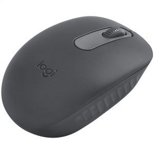 Gray wireless computer mouse with a centered scroll wheel and textured grip on the sides