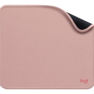 Pink Logi mouse pad with a peeled-back corner showing the black underside, square rounded edges.