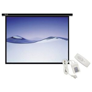 Electric pull-down projector screen displaying a blue image, with remote control and power adapter nearby.