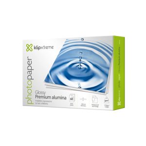Box of Klipxtreme photopaper, glossy Premium aluminum with a water splash image, shows 60 sheets on packaging