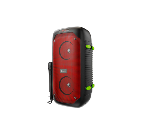 PARLANTE KLIP XTREME KLS100 1200W MICROFONO BLUETOOTH NEGRO (KLS-100) Rugged portable Bluetooth speaker with a red front grille, two drivers, black housing, and lime-green side handles.