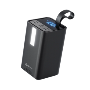 Black portable power bank with digital blue charge display, two USB ports, and a hanging strap.