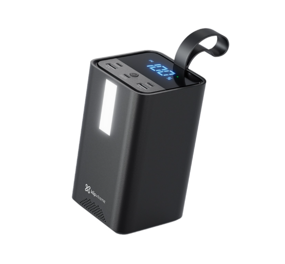 POWER BANK KLIP XTREME USB-C USB-A UNIVERSAL 100W 50.000mAh NEGRO (KPB-900) Black portable power bank with digital blue charge display, two USB ports, and a hanging strap.