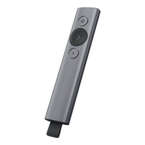 Slim gray streaming remote with a circular navigation pad and power button at the top.
