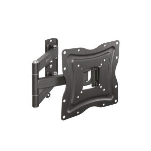 Black articulating TV wall mount with extendable arm and VESA mounting plate for a flat-screen TV on a wall hub.