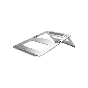 Foldable aluminum laptop stand with rubberized grips for ergonomic typing.