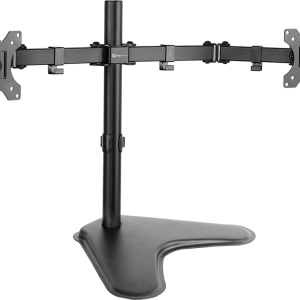 Dual-monitor desk mount with adjustable arms and a central column for two screens on a stable base.