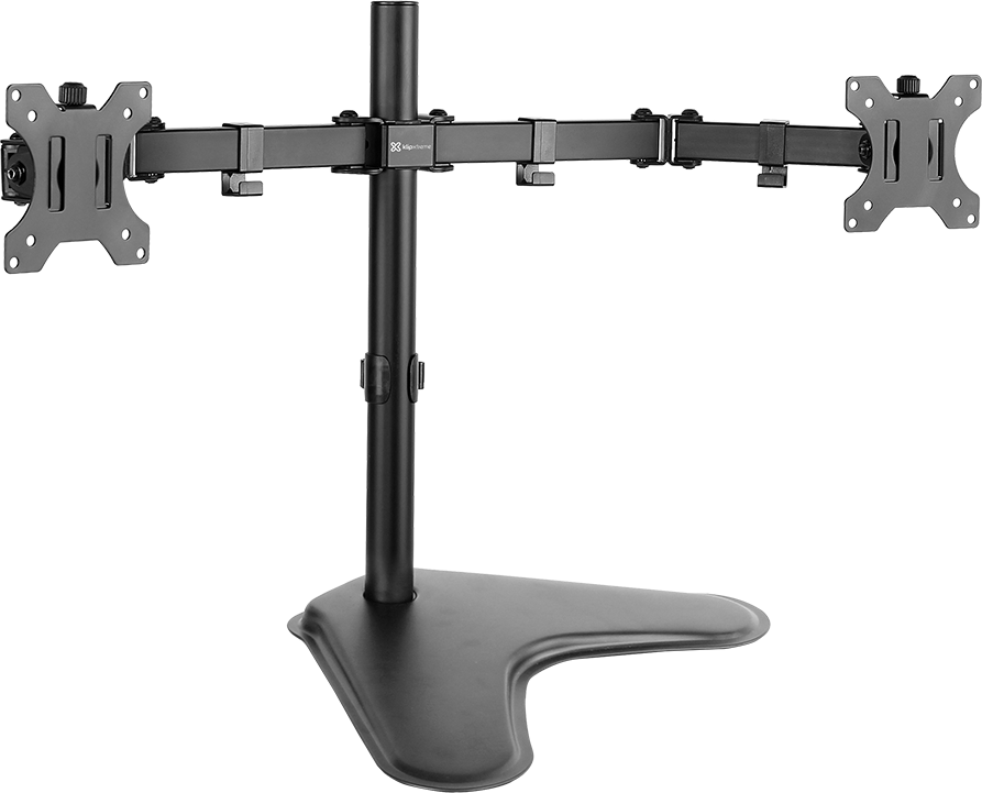 SOPORTE KLIP XTREME 2MONITORES 13 32 PULGADAS NEGRO (KPM-311) Dual-monitor desk mount with adjustable arms and a central column for two screens on a stable base.