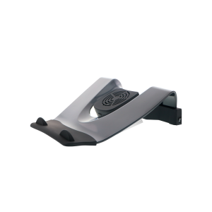 Curved gray foot pedal with a circular vented fan housing in the center on a black base. Likely a foot-operated control accessory.