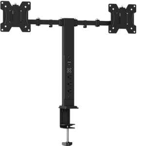 Freestanding dual-monitor stand with a tall central column and two horizontal arms, each ending in VESA mounting plates for two screens