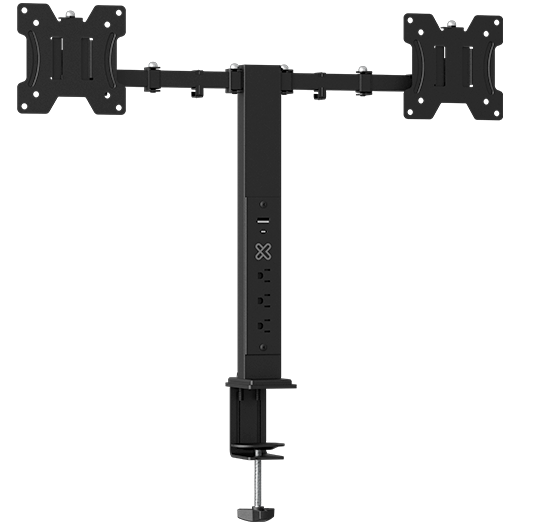SOPORTE KLIP XTREME PARA 2MONITORES REGLETA 1USB-C 3.0 1USB-A 3CA NEGRO (KMM-510) Freestanding dual-monitor stand with a tall central column and two horizontal arms, each ending in VESA mounting plates for two screens
