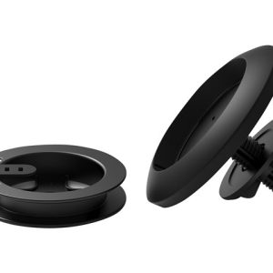 Two black circular mounting adapters with screws and a quick-release latch, used for ceiling or wall installations